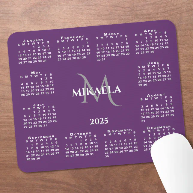 2025 Calendar Chic Monogram Name on Purple Mouse Pad Zazzle