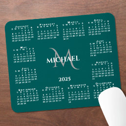 2025 Calendar Chic Monogram Name on Teal Mouse Pad