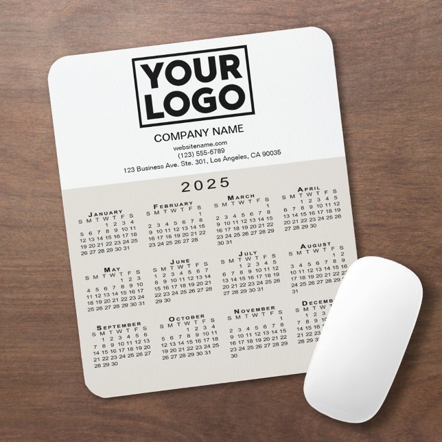 2025 Calendar Company Logo and Text Beige White Mouse Pad (2025 Calendar Company Logo and Text Beige White Mouse Pad in situ)