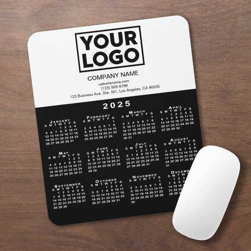 2025 Calendar Company Logo and Text Black White Mouse Pad