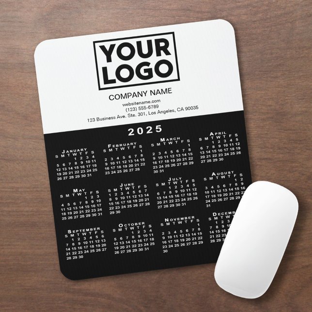 2025 Calendar Company Logo and Text Black White Mouse Pad (2025 Calendar Company Logo and Text Black White Mouse Pad in situ)