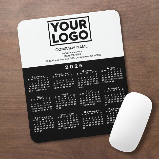 2025 Calendar Company Logo and Text Black White Mouse Pad | Zazzle