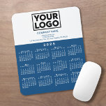 2025 Calendar Company Logo and Text Blue White Mouse Pad<br><div class="desc">Modern professional calendar mouse pad features your logo, company name, and business contact information in blue text on white over a modern white 2025 calendar on a blue background. Add your logo, company name, and custom text (website, phone number, address, or slogan) in the sidebar. Your logo can be any...</div>