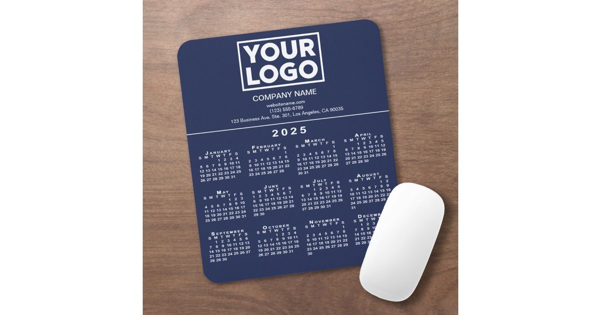 2025 Calendar Company Logo and Text on Navy Blue Mouse Pad Zazzle