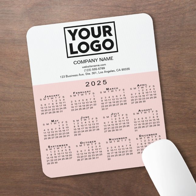 2025 Calendar Company Logo and Text Pink White Mouse Pad (2025 Calendar Company Logo and Text Pink White Mouse Pad in situ)