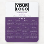 2025 Calendar Company Logo and Text Purple White Mouse Pad<br><div class="desc">Modern professional calendar mouse pad features your logo, company name, and business contact information in purple text on white over a modern white 2025 calendar on a purple color block. Add your logo, company name, and custom text (website, phone number, address, or slogan) in the sidebar. Your logo can be...</div>