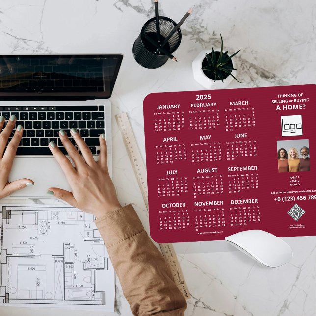 2025 Calendar Company Logo QR Code Burgundy Photo Mouse Pad (2025 Calendar Company Logo QR Code Burgundy  Red Custom Photo Mouse Pad Any Profession Real Estate)