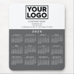 2025 Calendar Company Logo Text Dark Grey White Mouse Pad<br><div class="desc">Modern professional calendar mouse pad features your logo, company name, and business contact information in dark grey text on white over a modern white 2025 calendar on a dark grey background. Add your logo, company name, and custom text (website, phone number, address, or slogan) in the sidebar. Your logo can...</div>