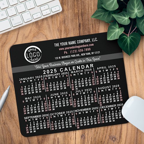 2025 Calendar Custom Business Logo Name Black Red Mouse Pad