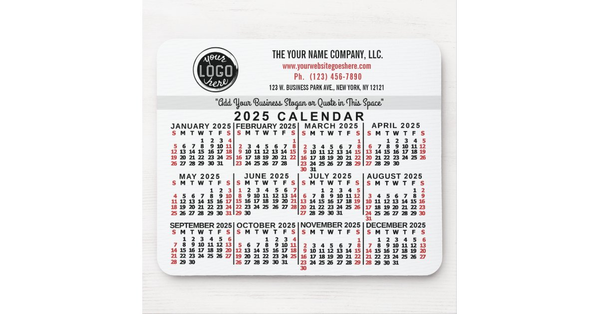 2025 Calendar Custom Business Logo Name White Red Mouse Pad Zazzle