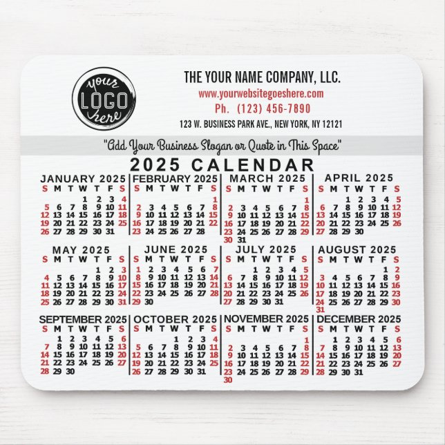 2025 Calendar Custom Business Logo Name White Red Mouse Pad (Front)