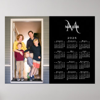 2025 Calendar Custom Photo Monogram Name Black Poster
