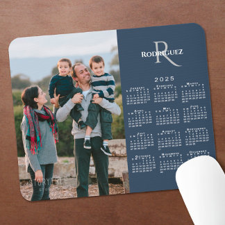 2025 Calendar Custom Photo Monogram Name Navy Blue Mouse Pad