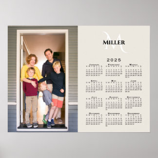2025 Calendar Custom Photo Monogram Name on Beige Poster