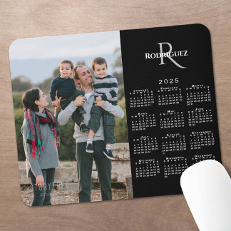 2025 Calendar Custom Photo Monogram Name on Black Mouse Pad