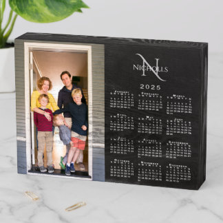 2025 Calendar Custom Photo Monogram Name on Black Wooden Box Sign