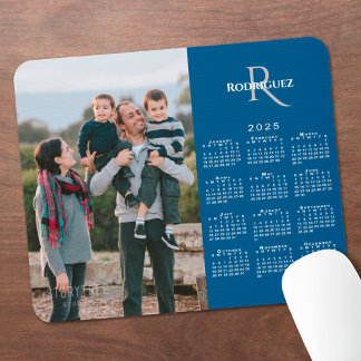 2025 Calendar Custom Photo Monogram Name on Blue Mouse Pad