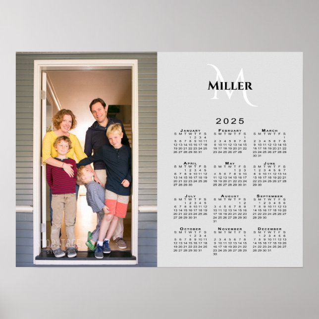 2025 Calendar Custom Photo Monogram Name on Gray Poster (Front)