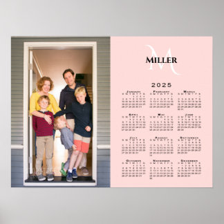 2025 Calendar Custom Photo Monogram Name on Pink Poster