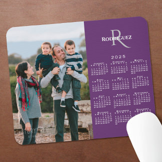 2025 Calendar Custom Photo Monogram Name on Purple Mouse Pad