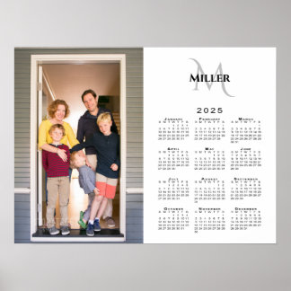 2025 Calendar Custom Photo Monogram Name on White Poster