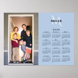 2025 Calendar Custom Photo Monogram on Light Blue Poster