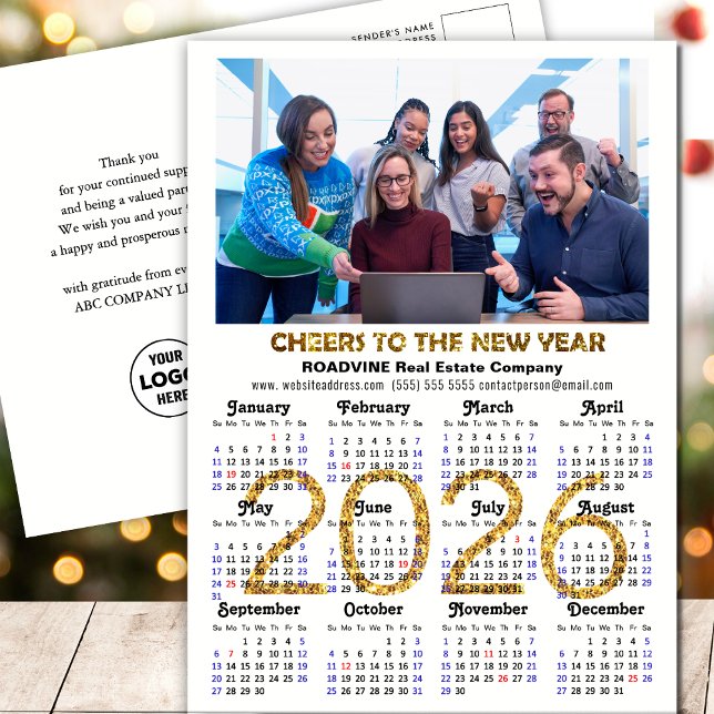 2025 Calendar Festive Gold Glitter Corporate Photo Holiday Postcard (Creator Uploaded)