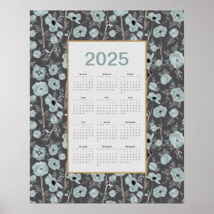 2025 Calendar Full Year Blue Gray Poppies Poster