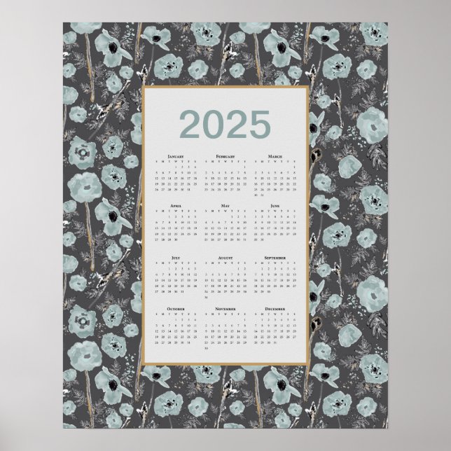 2025 Calendar Full Year Blue Gray Poppies Poster (Front)