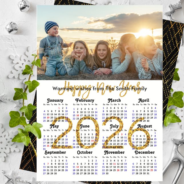 2025 Calendar Gold Glitter Script Minimalist Photo Holiday Card (Creator Uploaded)