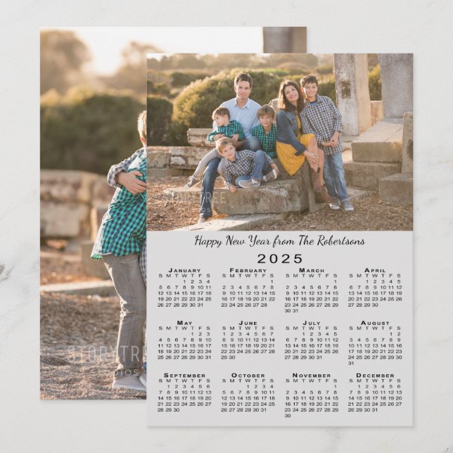 2025 Calendar Gray 2 Custom Photos Happy New Year Holiday Card (Front/Back)
