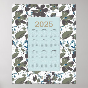 2025 Calendar Green Blue Clematis Floral Poster