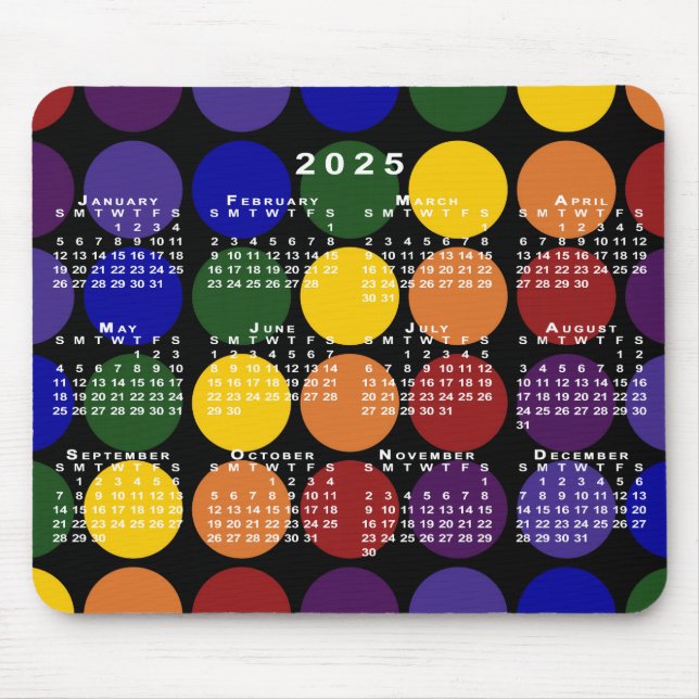 2025 Calendar LGBTQ Rainbow Polka Dots on Black Mouse Pad (Front)