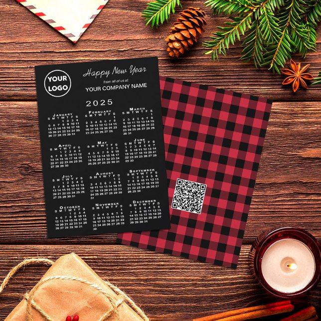 2025 Calendar Logo QR Code Red Black Buffalo Check Holiday Card (2025 Calendar Logo QR Code Red Black Buffalo Check Holiday Card, front/back in situ)