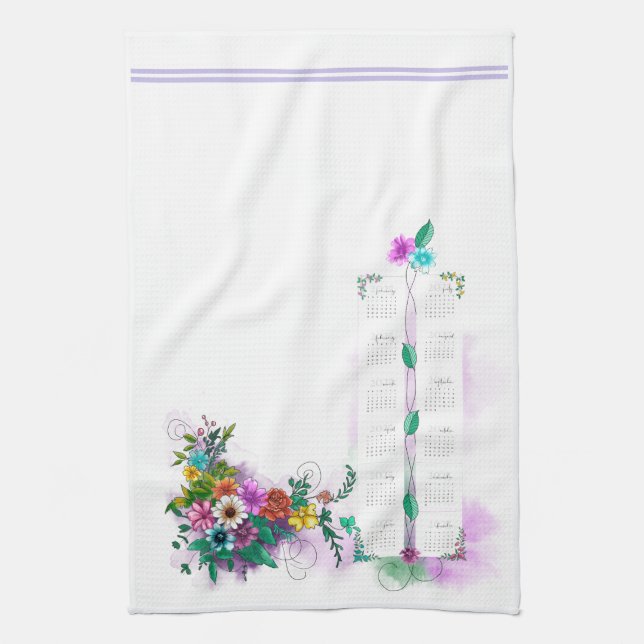 2025 Calendar, Lovely Floral Watercolor Design Kitchen Towel (Vertical)
