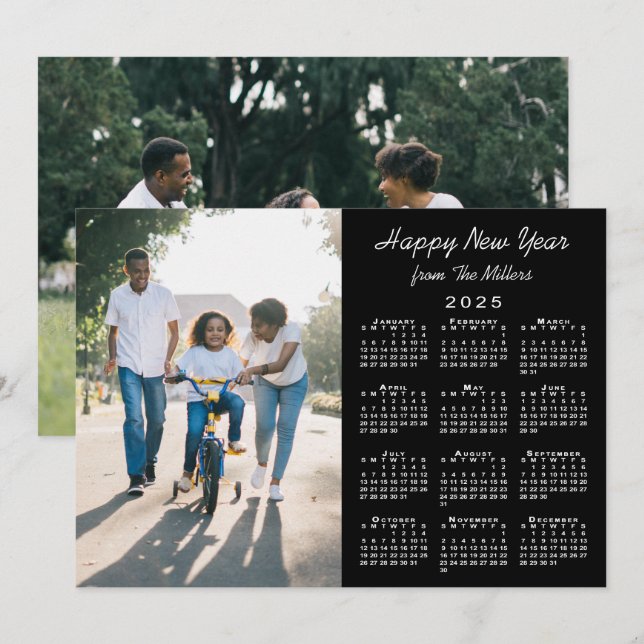 2025 Calendar Modern Black 2 Photo Happy New Year Holiday Card (Front/Back)