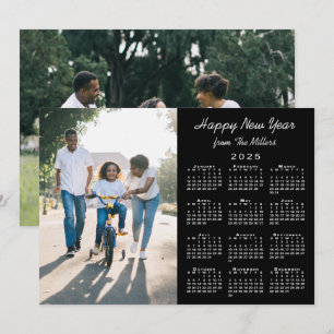 2025 Calendar Modern Black 2 Photo Happy New Year Holiday Card