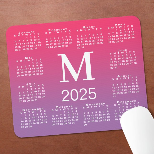 2025 Calendar Monogram on Pink to Purple Gradient Mouse Pad (2025 Calendar Monogram on Pink to Purple Gradient Mouse Pad in situ)
