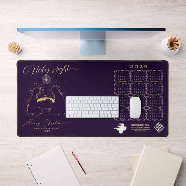 2025 Calendar Nativity Manger O Holy Night Script Desk Mat (Office 1)