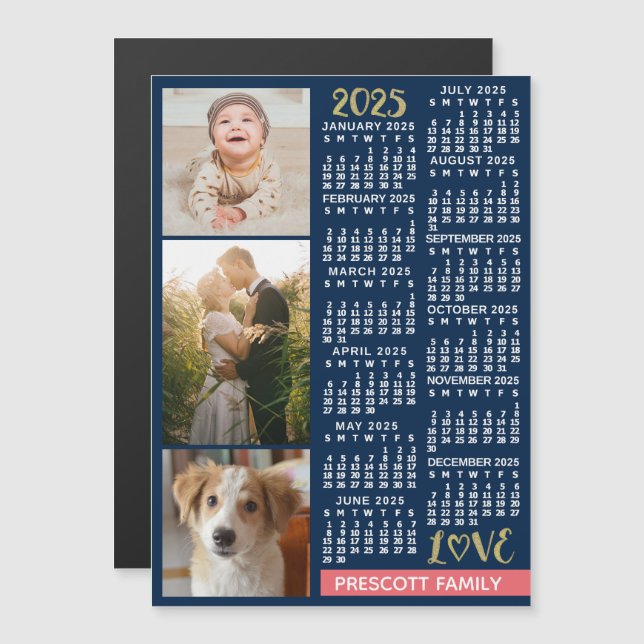 2025 Calendar Navy Coral Gold Custom Photo Collage Magnetic Invitation (Front/Back)