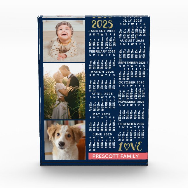2025 Calendar Navy Coral Gold Family Photo Collage Acrylic Award (Front)