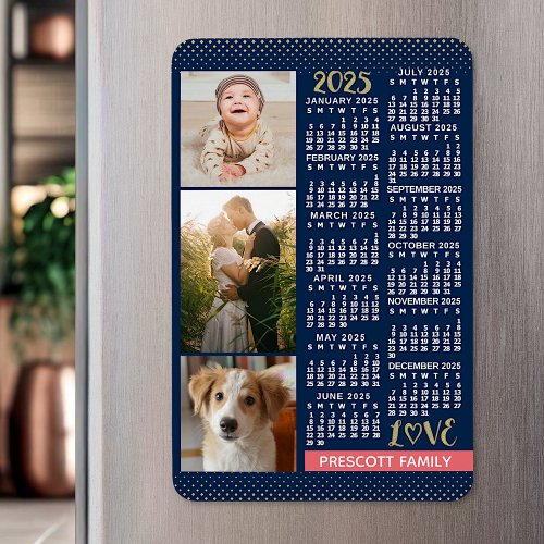 2025 Calendar Navy Coral Gold Family Photo Collage Magnet