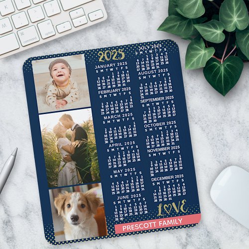 2025 Calendar Navy Coral Gold Family Photo Collage Mouse Pad