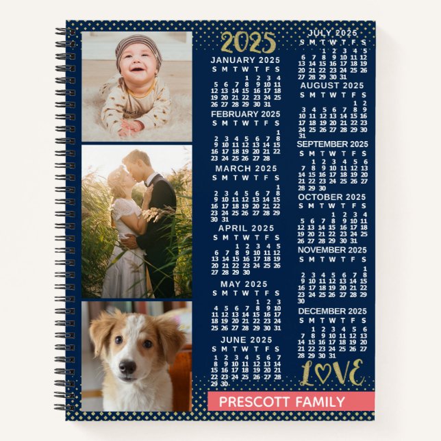 2025 Calendar Navy Coral Gold Family Photo Collage Notebook (Front)