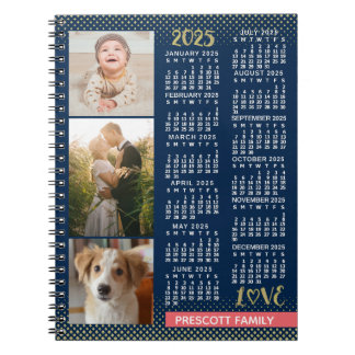 2025 Calendar Navy Coral Gold Family Photo Collage Notebook