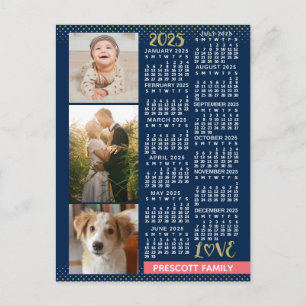 2025 Calendar Navy Coral Gold Family Photo Collage Postcard