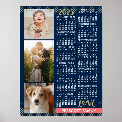 2025 Calendar Navy Coral Gold Family Photo Collage Poster