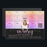 2025 Calendar Notary Black Pink QR Code Magnet<br><div class="desc">Present your best self to your clients and make sure they remember you year-round with this chic, elegant, 2025 calendar magnet card. A simple, modern 12 month calendar, faux pink purple yellow foil fancy handwritten script typography with feather pen, your custom qr code, personal photo and black and faux gold...</div>