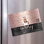 2025 Calendar Notary Black Pink QR Code Magnet<br><div class="desc">Present your best self to your clients and make sure they remember you year-round with this chic, elegant, 2025 calendar magnet card. A simple, modern 12 month calendar, blush pink fancy handwritten script typography with feather pen, your custom qr code, personal photo and sans serif typography overlay black damask pattern...</div>