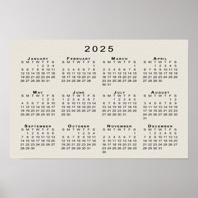2025 Calendar on Faux Canvas Texture Template Poster (Front)